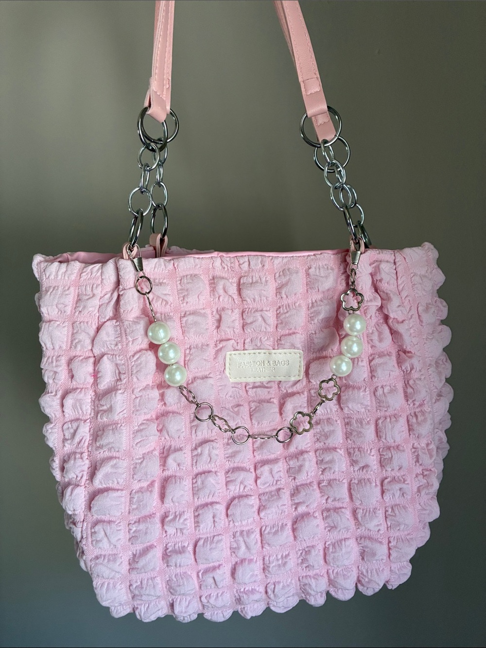 Pink Quilted Pearl-Accent Shoulder Bag
